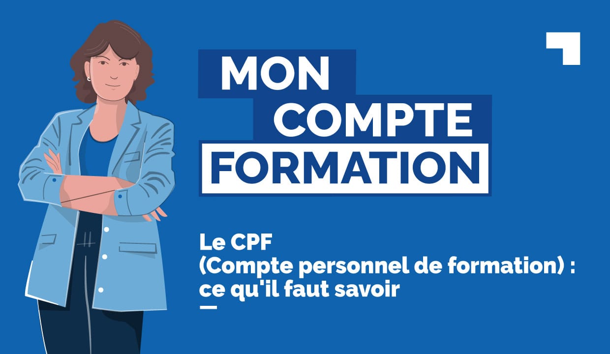 Une femme vêtue d'une chemise bleue avec les mots mon Compte Personnel de Formation (CPF) bien en évidence, démontrant son dévouement à l'apprentissage continu.