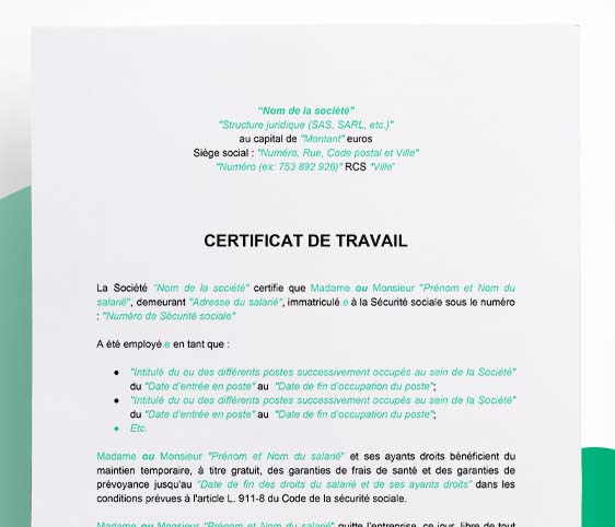 Certificat justificatif d'emploi sur fond vert.