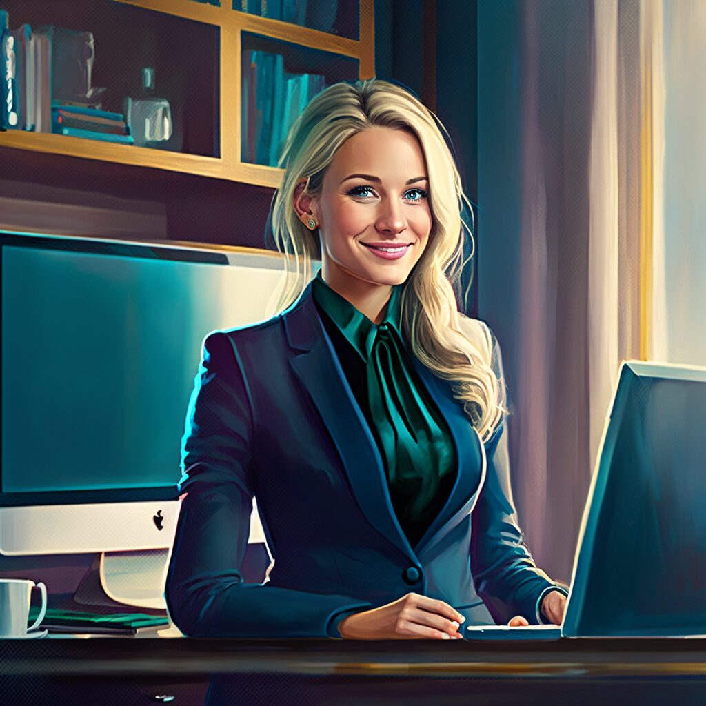 Une femme épanouie assise à un bureau avec un ordinateur portable.