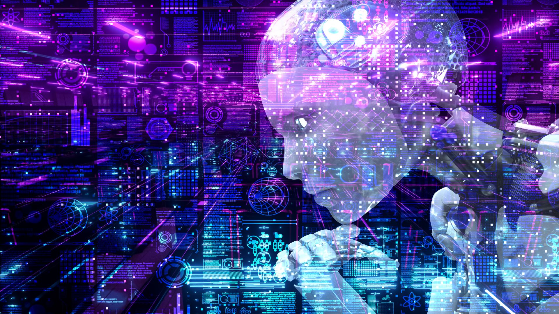 Une image futuriste d'une femme, qui semble être une IA ou un Graphiste, absorbée par l'amélioration de son travail tout en regardant un écran d'ordinateur.