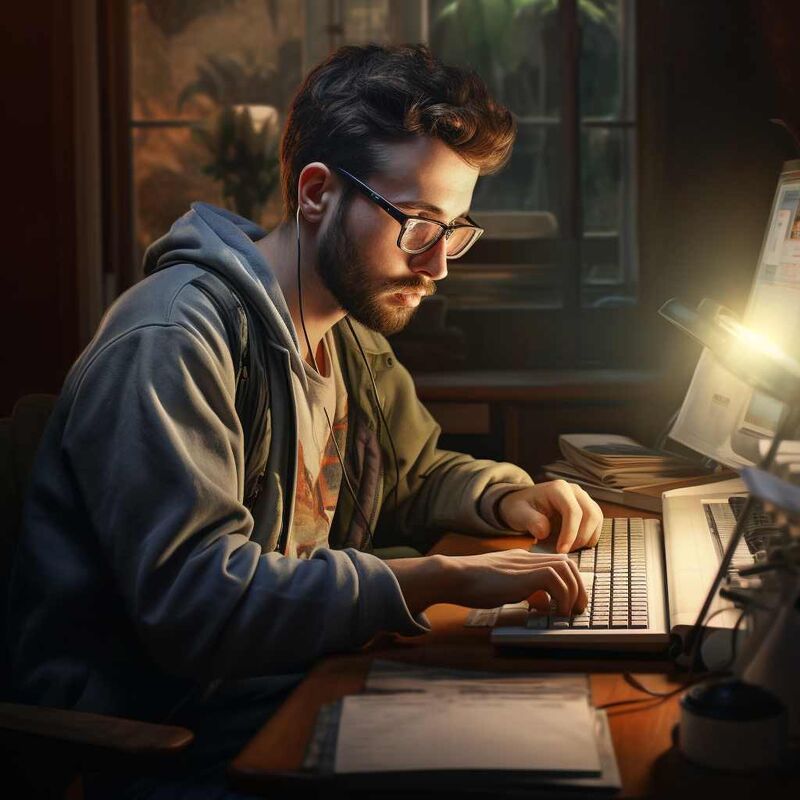 Un homme utilisant des techniques avancées sur son ordinateur portable pendant les heures sombres de la nuit.