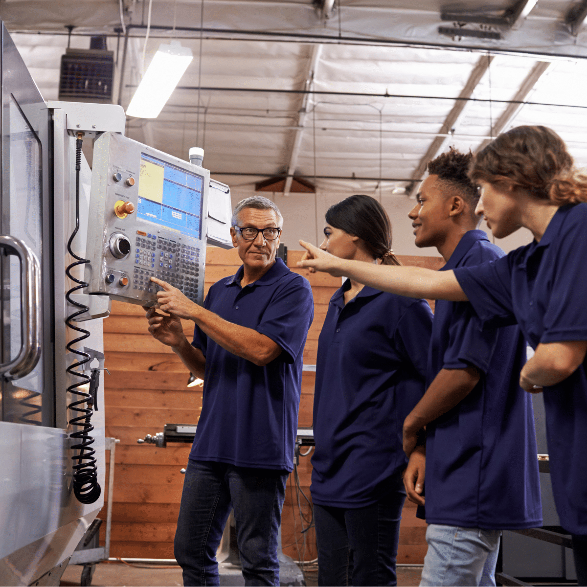 Un groupe de personnes recevant une formation à proximité d'une machine pour le plein emploi.