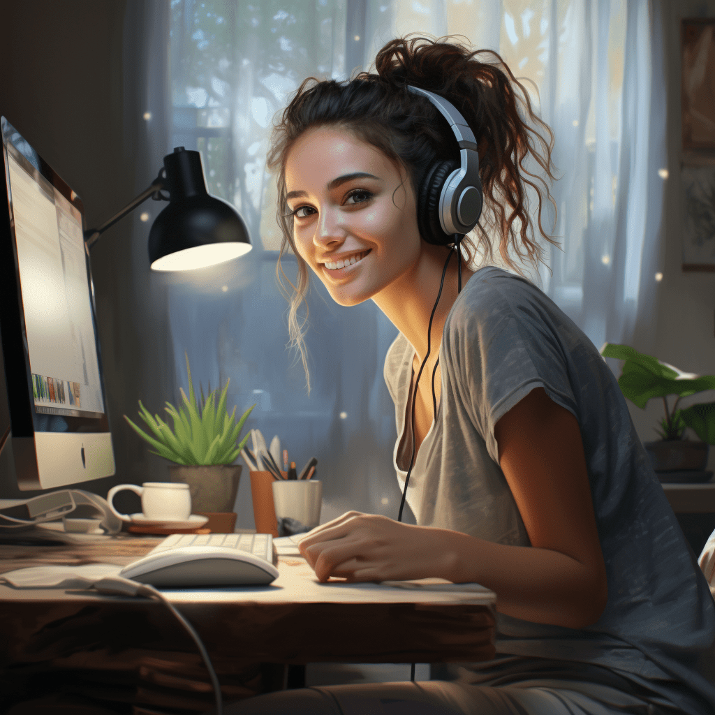 Une femme est assise à un bureau avec des écouteurs. Elle peut être un recruteur lors d'un entretien d'embauche et donne des conseils sur les mots