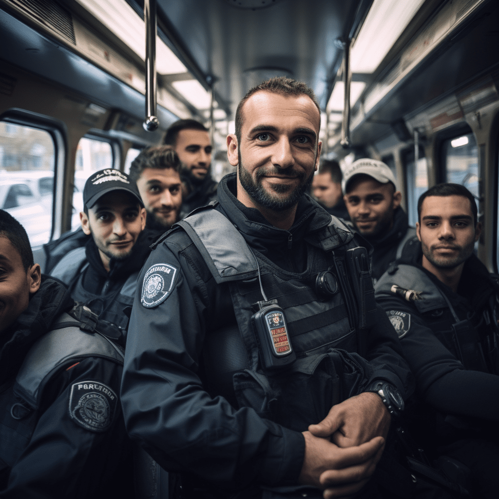 Un groupe de policiers dans un train en France.