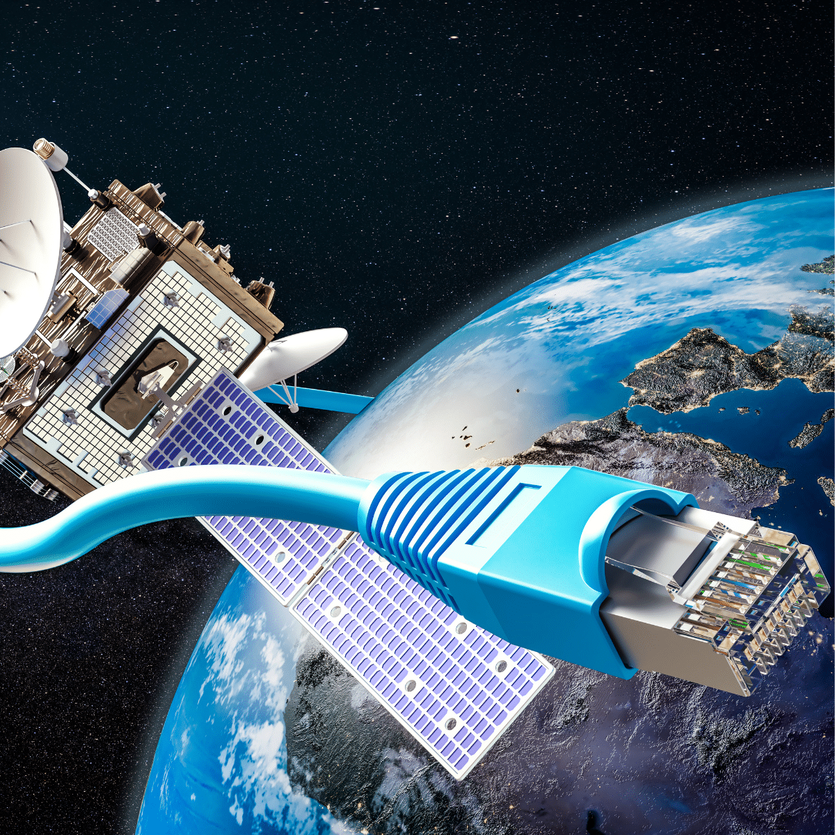 Une image d'un satellite Starlink connecté à un câble, avec la mention "interdit" en France.
