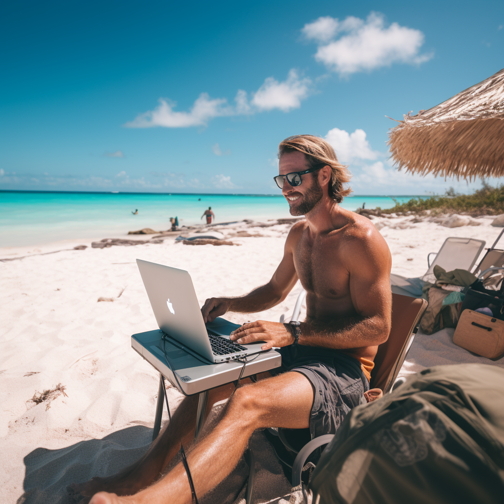 Un homme en télétravail sur la plage, travaillant sur un ordinateur portable.